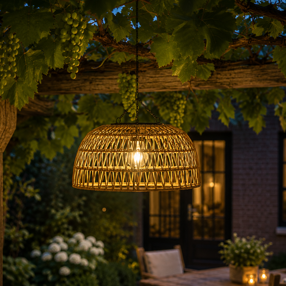 RAVILUNE - Solar Rattan Pendant Lamp for Warm Outdoor Ambience