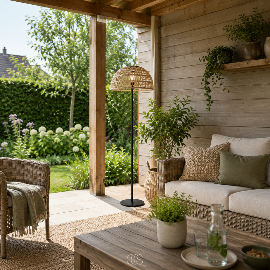WOVELIA - Cordless Rattan Solar Floor Lamp for Cozy Outdoor Evenings