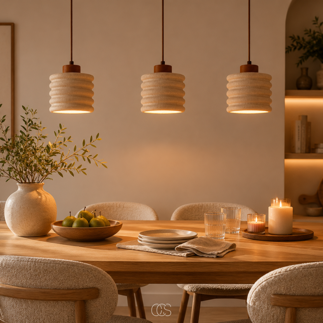 VELUNAR - Sculptural Travertine Pendant for Warm Ambient Light