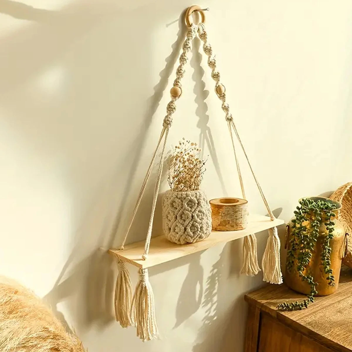 MACRIVA - Macrame Hanging Shelf for Displaying Plants and Decor