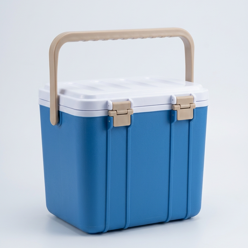 Blue cooler rear view, studio background