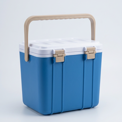 Blue cooler rear view, studio background