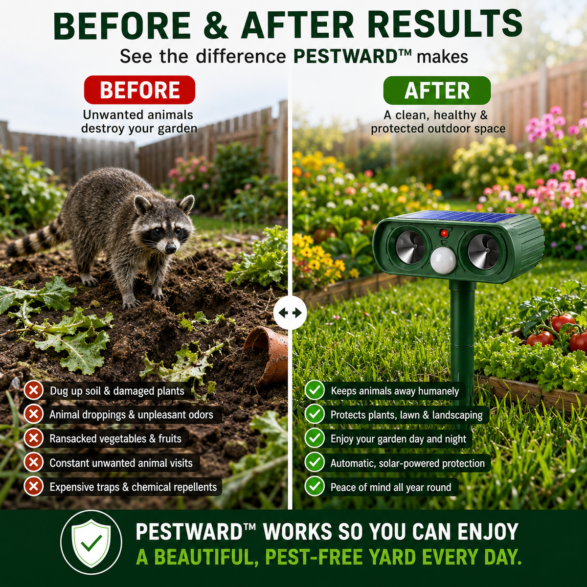 PESTWARD - Solar Motion Animal Repeller for Humane Garden Protection