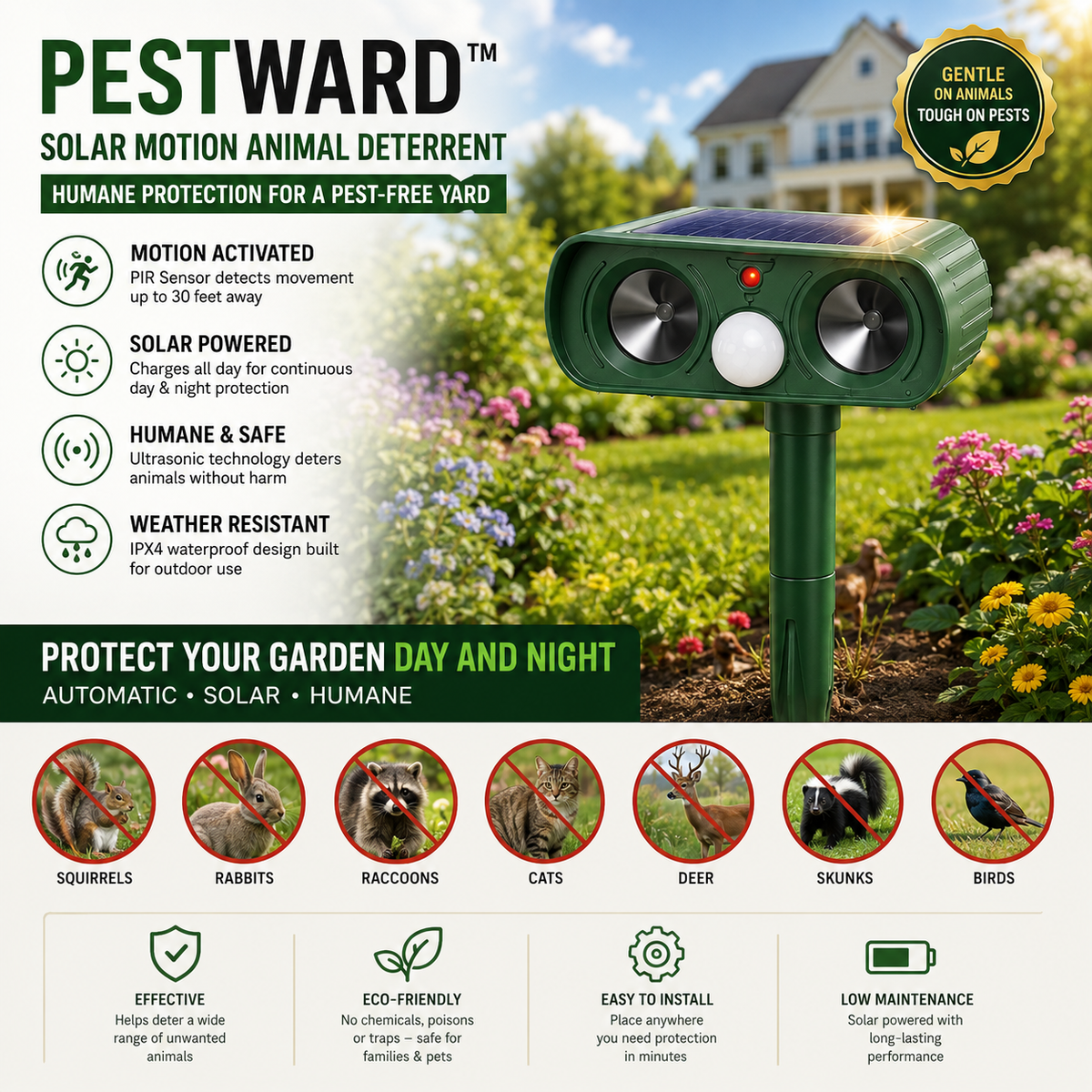 PESTWARD - Solar Motion Animal Repeller for Humane Garden Protection